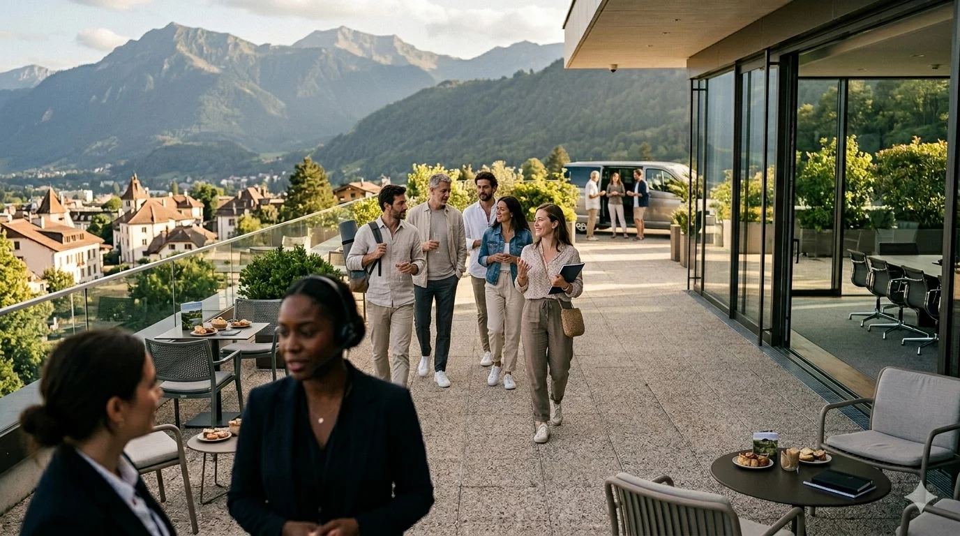 Participants d'un séminaire d'entreprise premium en tenue décontractée échangeant sur une terrasse avec vue sur la montagne, encadrés par l'équipe logistique de l'agence événementielle BlackTrombone