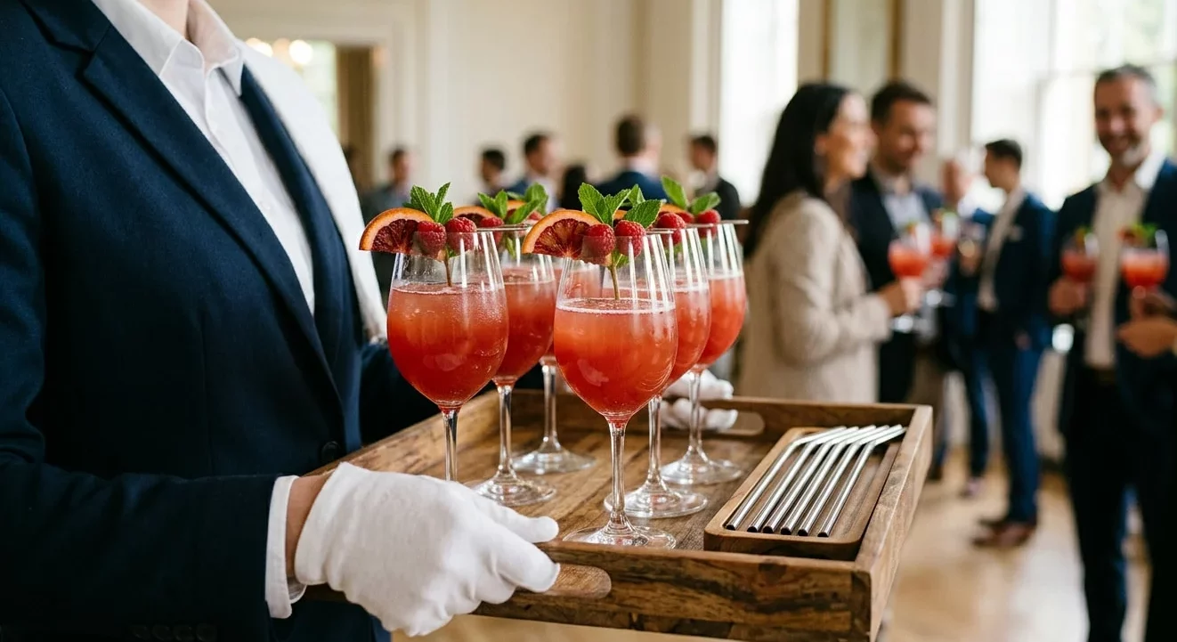 Cocktail éco responsable avec des pailles en métal et plateau en bois 